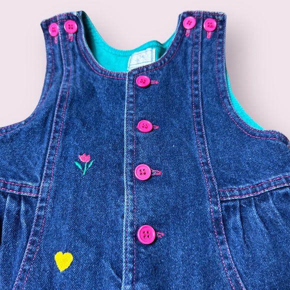 Vintage Baby All Mine Denim Blazer Overall Set Flower Fruit Pink Teal Sz 12 M - Picture 7 of 16